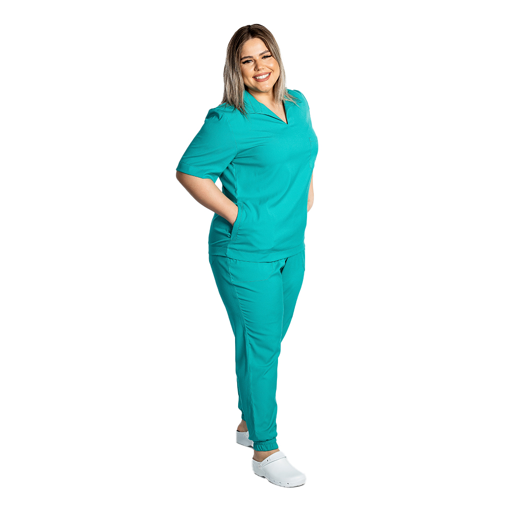 Costum medical stretch polo verde turcoaz, cu bluza in V si pantaloni tip jogger, cu snur si elastic 3